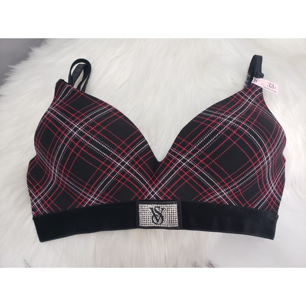 NEW 32D Victoria Secret PINK Wireless Lightly Lined T-shirt Bra PLAID RHINESTONE
